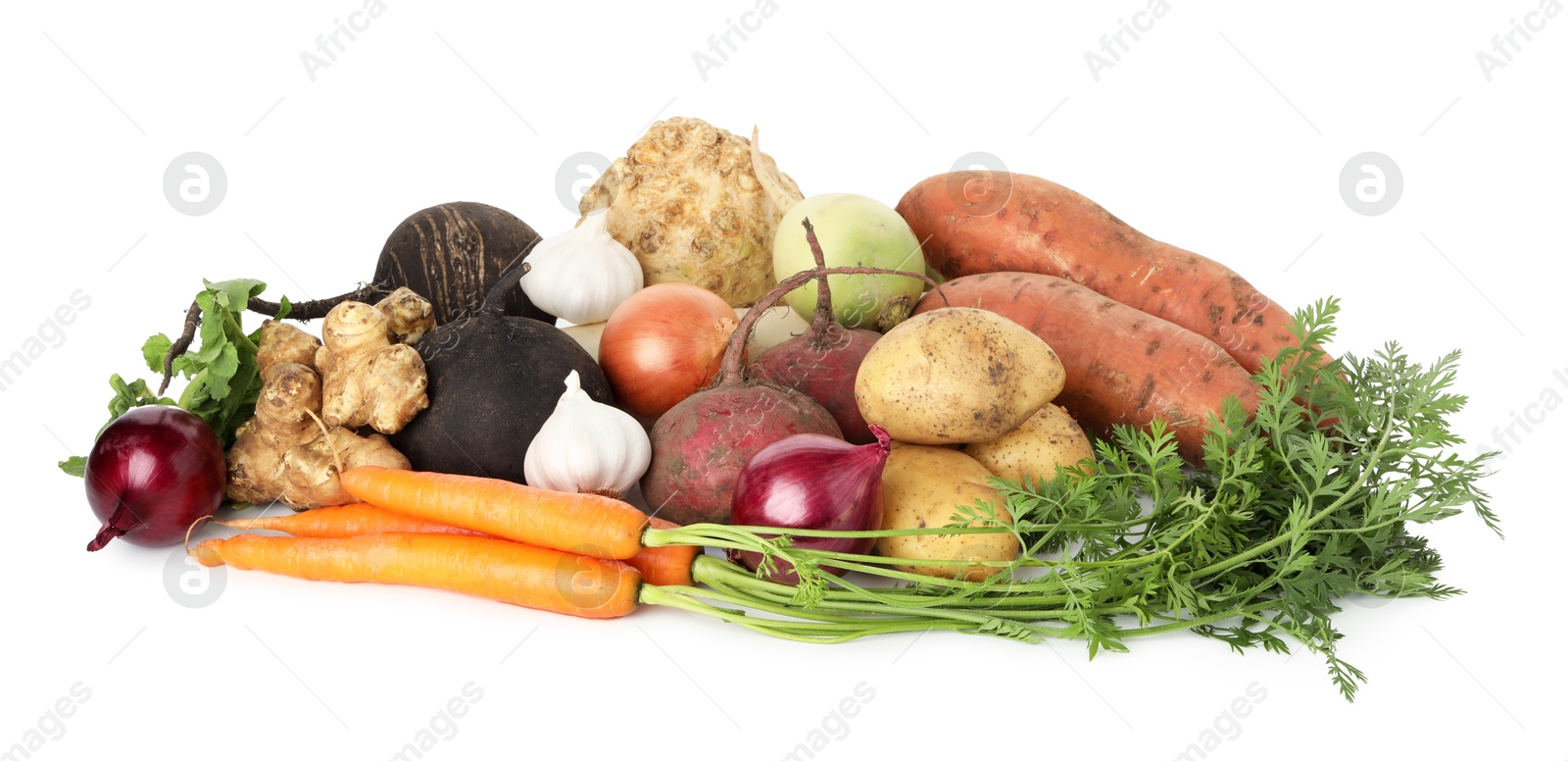 Photo of Many different root vegetables isolated on white