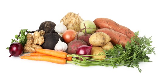 Photo of Many different root vegetables isolated on white