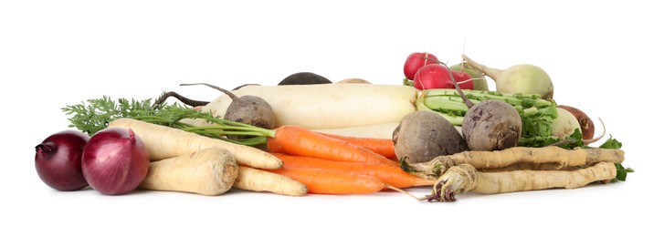 Photo of Many different root vegetables isolated on white