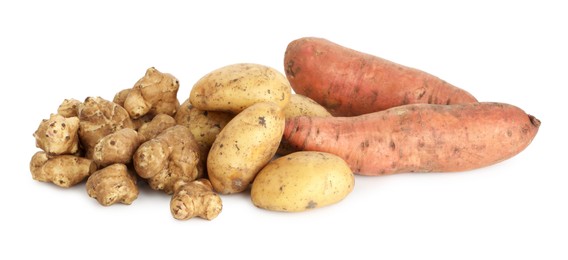 Photo of Many different root vegetables isolated on white