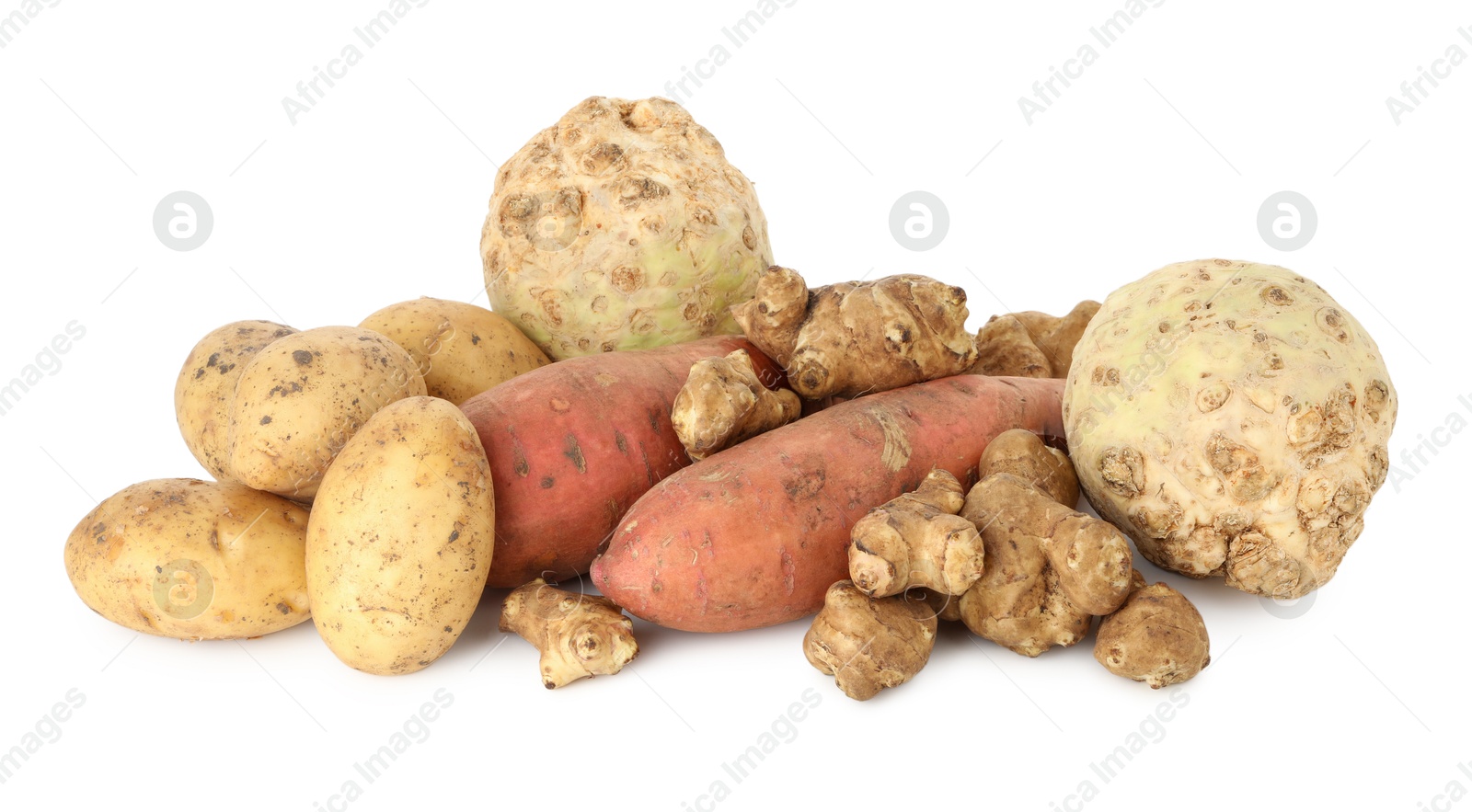 Photo of Many different root vegetables isolated on white