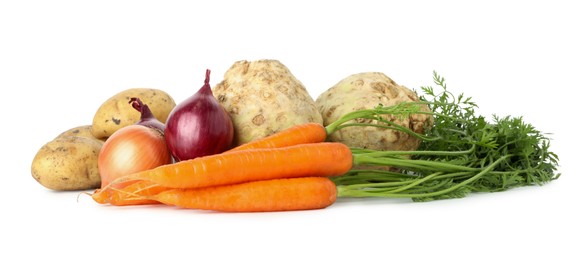 Photo of Many different root vegetables isolated on white