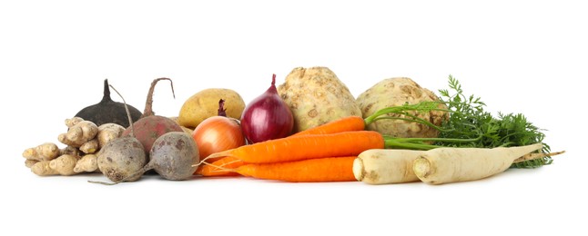 Photo of Many different root vegetables isolated on white