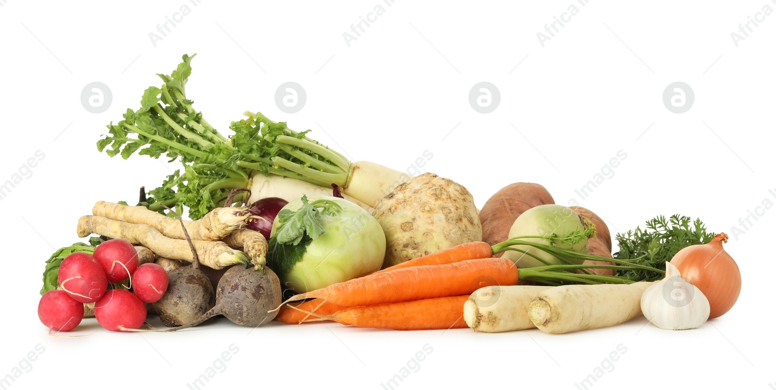 Photo of Many different root vegetables isolated on white