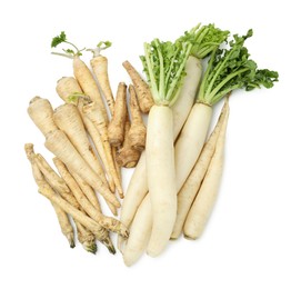 Photo of Many different root vegetables isolated on white, top view