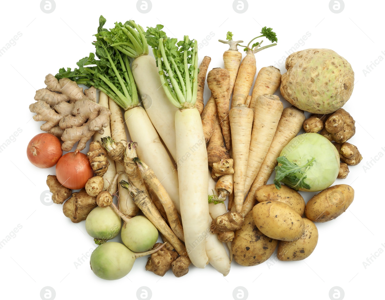 Photo of Many different root vegetables isolated on white, top view