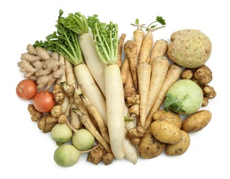 Photo of Many different root vegetables isolated on white, top view