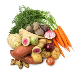 Photo of Many different root vegetables isolated on white, top view