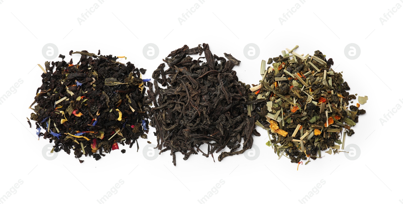 Photo of Different types of tea brew isolated on white, top view