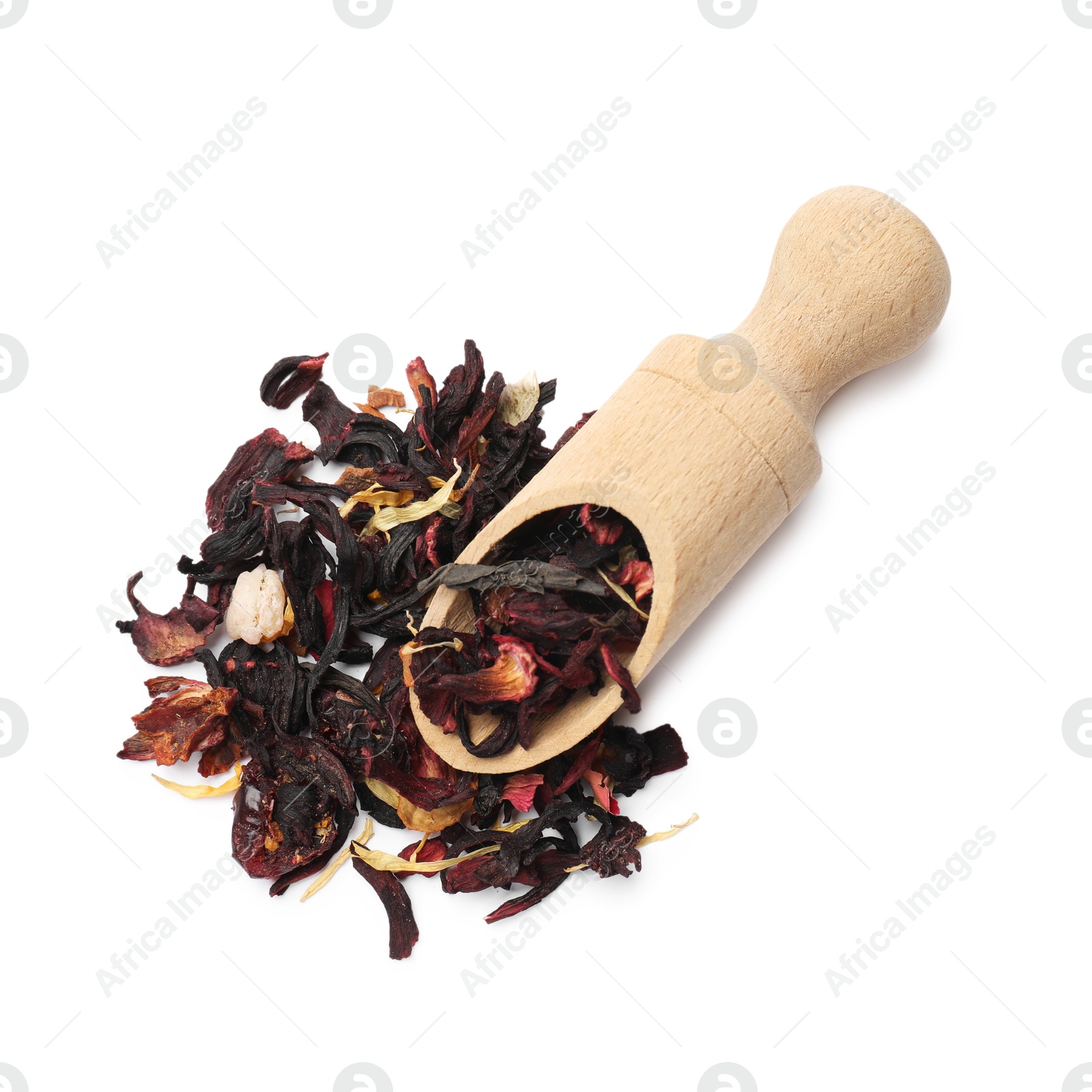 Photo of Scoop with dried tea leaves isolated on white, top view