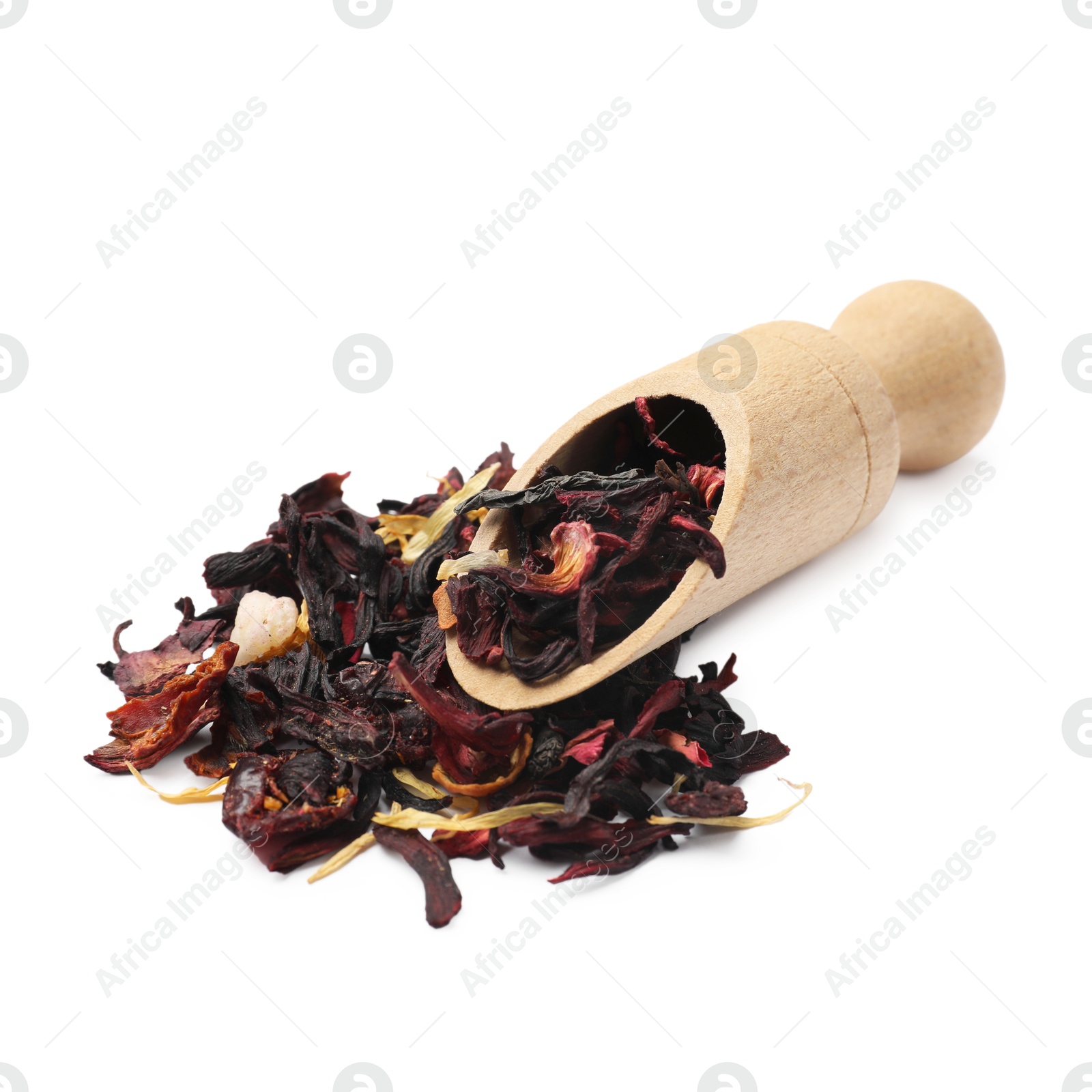 Photo of Scoop with dried tea leaves isolated on white