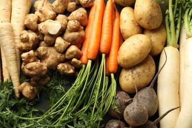 Photo of Different raw root vegetables on grey table, flat lay