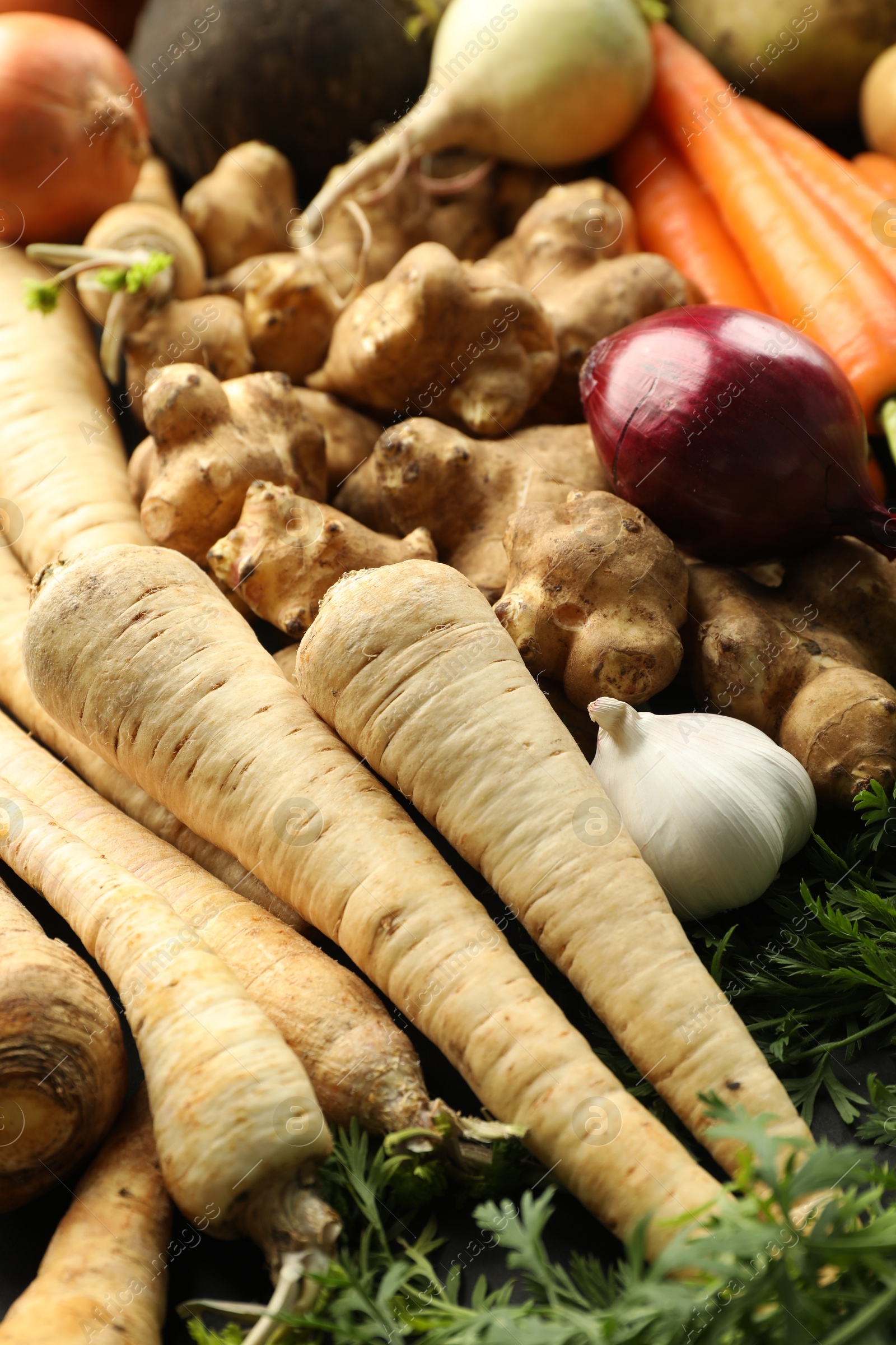 Photo of Different raw root vegetables as background, closeup