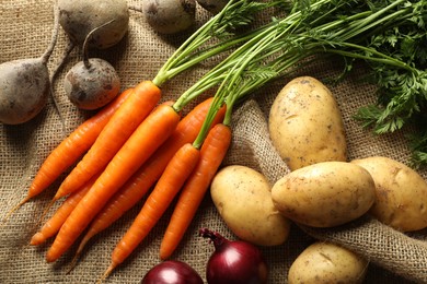 Photo of Different root vegetables on burlap fabric, flat lay