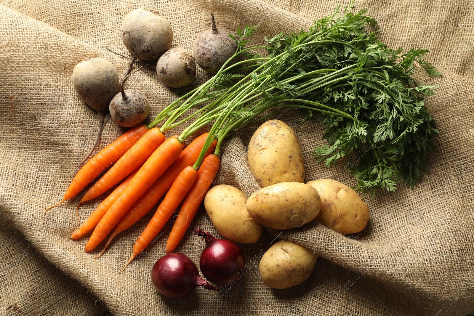 Photo of Different root vegetables on burlap fabric, flat lay