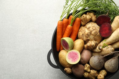 Photo of Different root vegetables in pot on light grey table, top view. Space for text