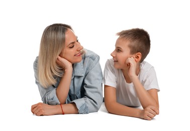 Photo of Happy mother and son on white background