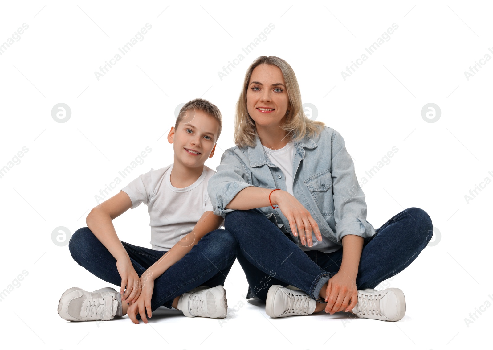 Photo of Happy mother and son on white background