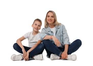 Photo of Happy mother and son on white background