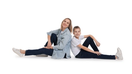 Photo of Happy mother and son on white background