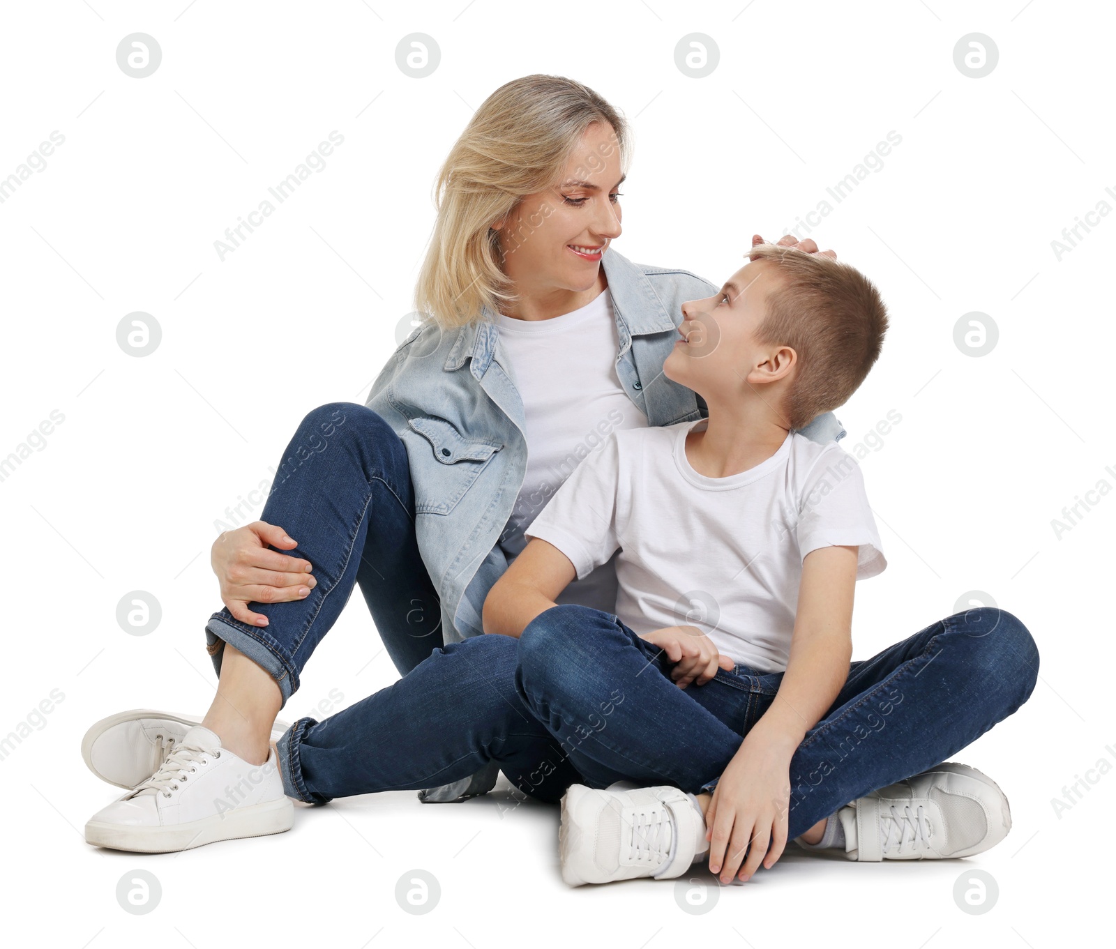 Photo of Happy mother and son on white background