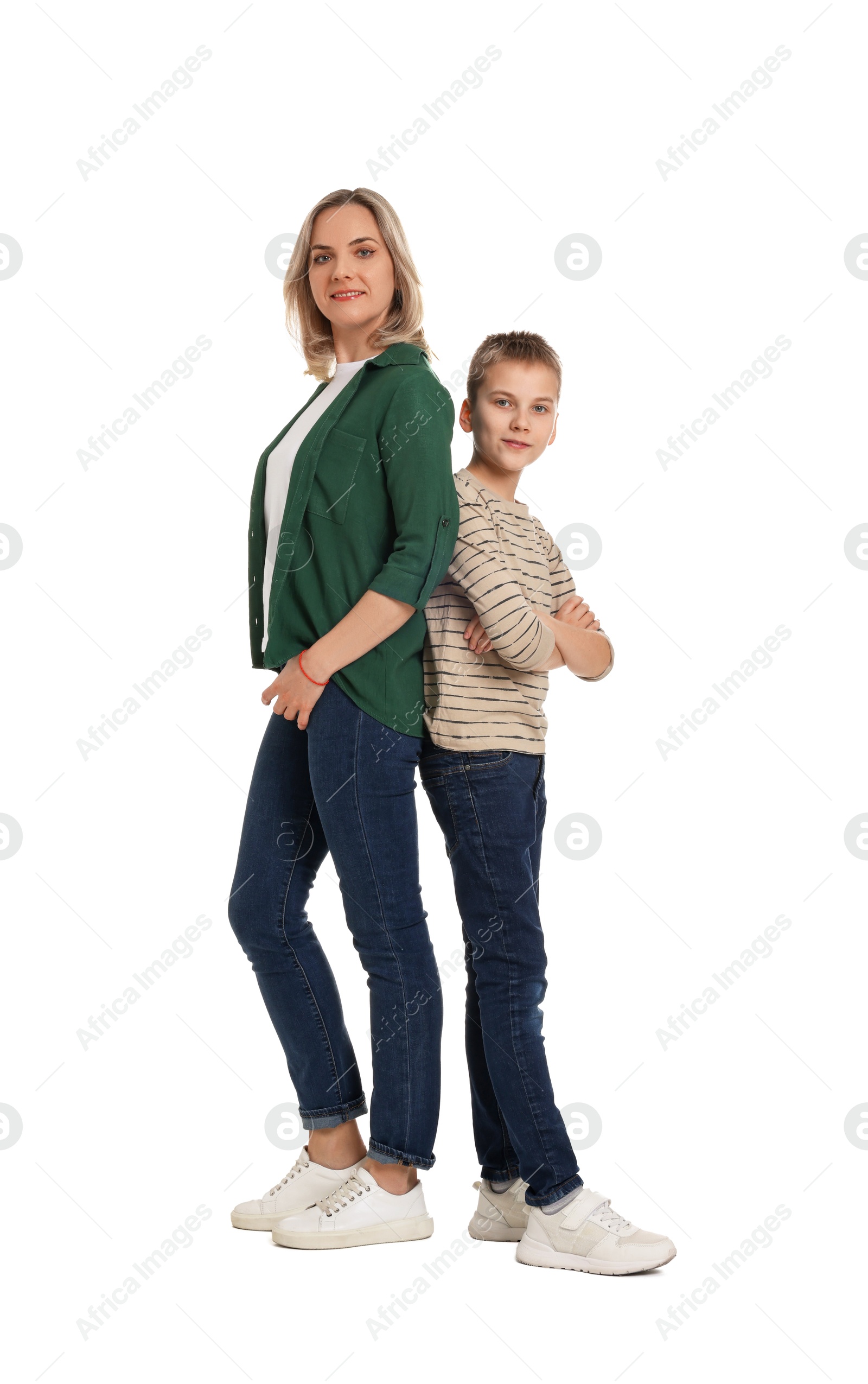 Photo of Happy mother and son on white background