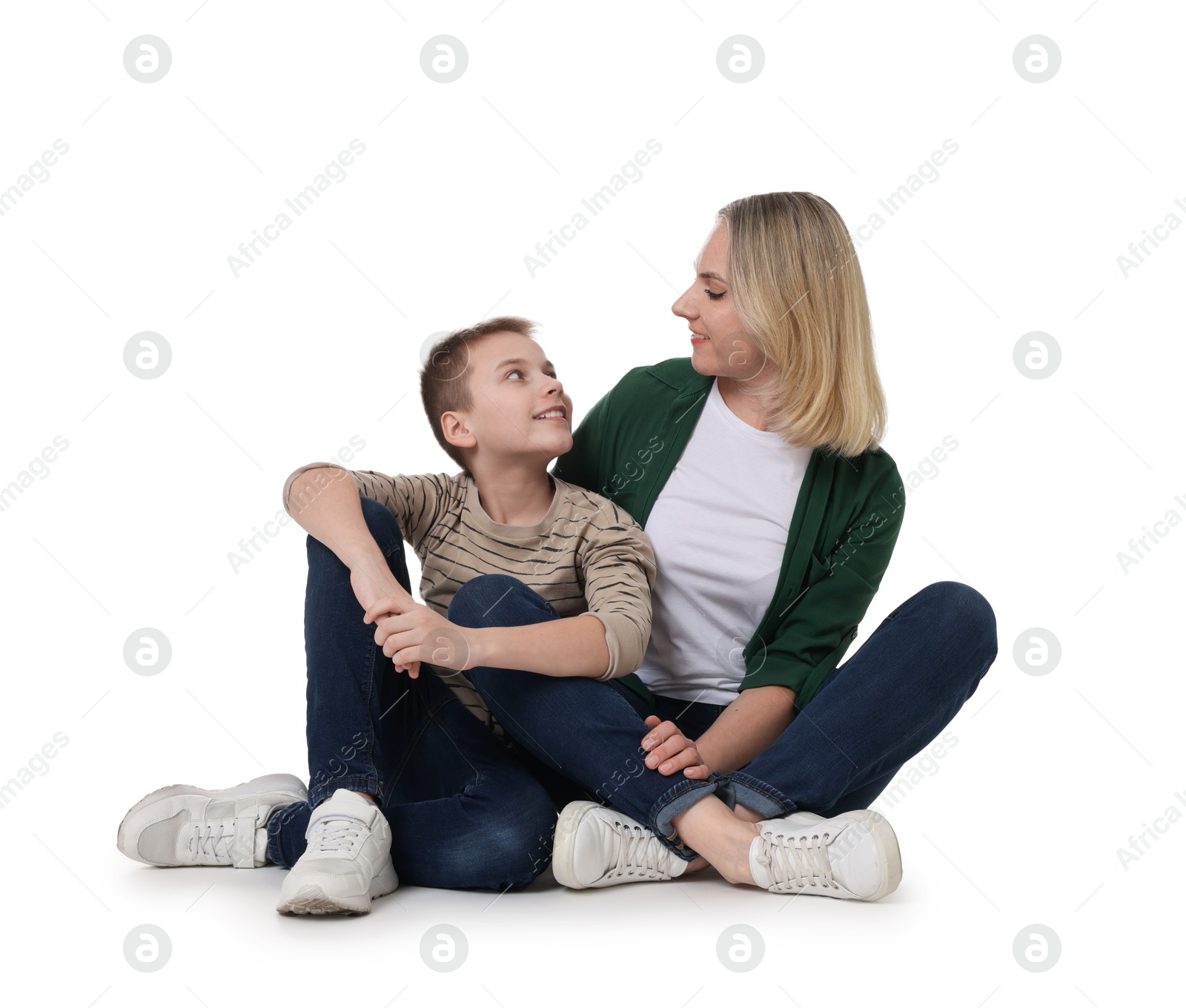 Photo of Happy mother and son on white background