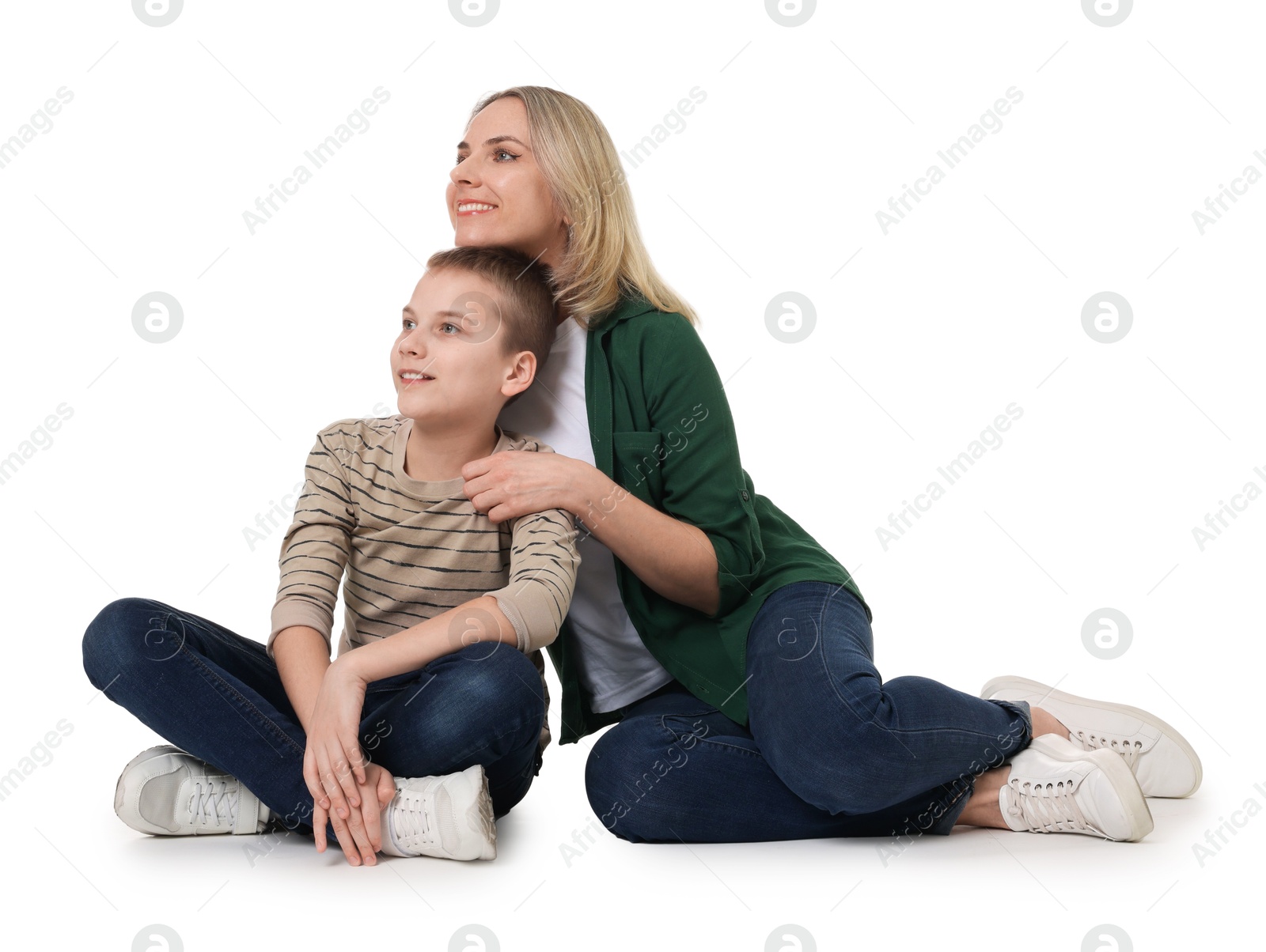 Photo of Happy mother and son on white background