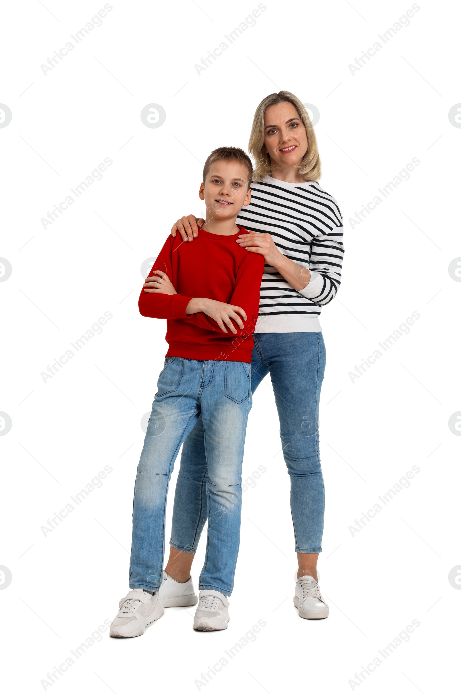 Photo of Happy mother and son on white background