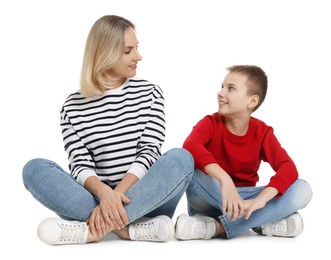 Photo of Happy mother and son on white background