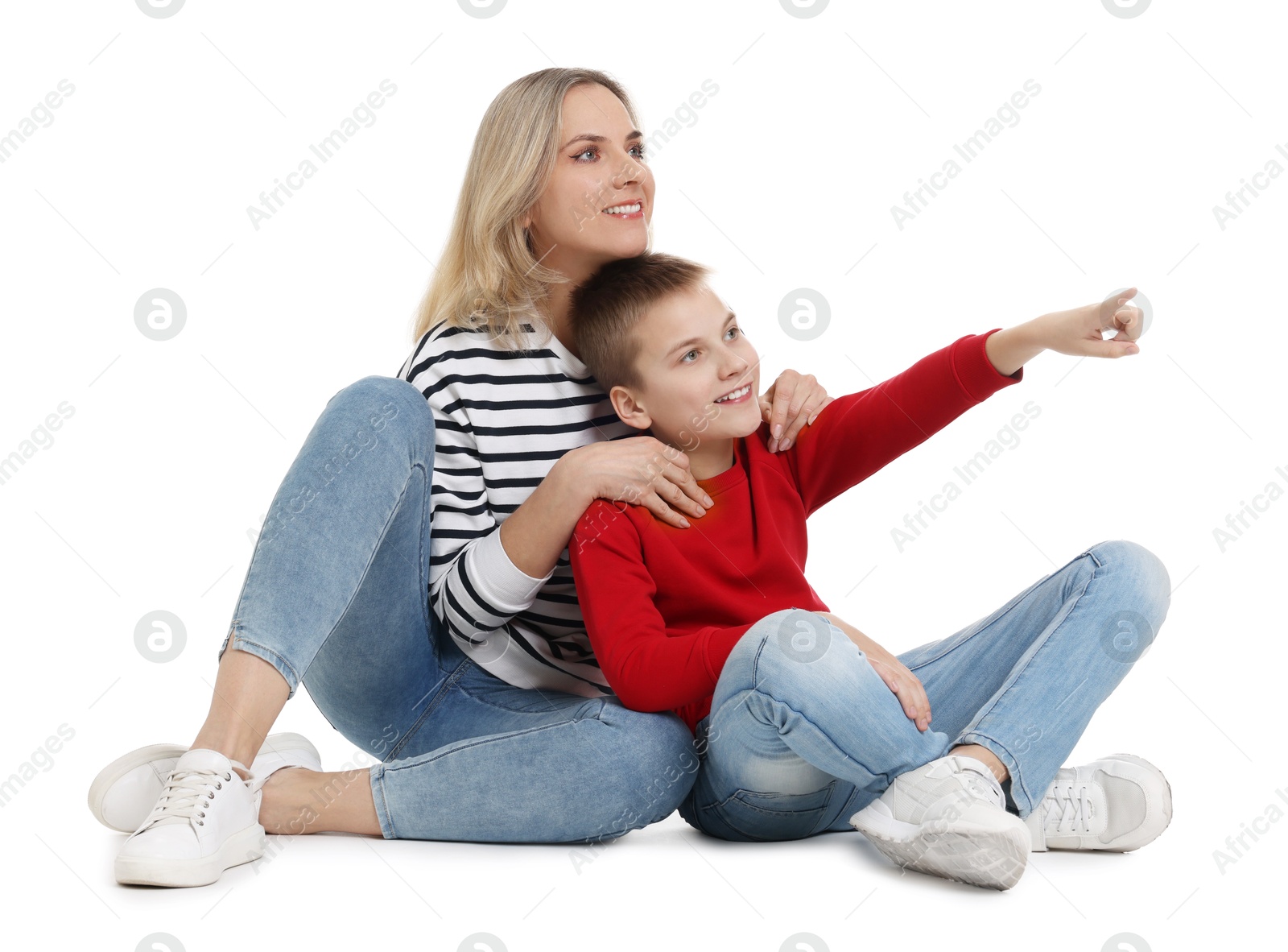 Photo of Son showing his mother something on white background