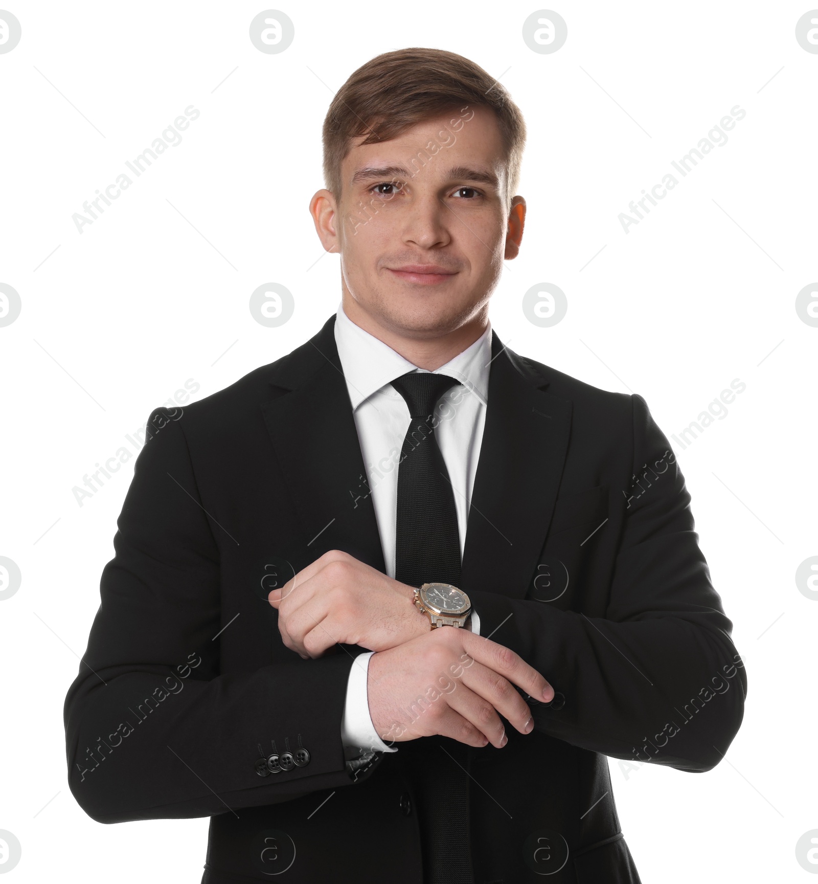 Photo of Man in classic suit with stylish watch on white background