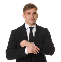 Photo of Man in classic suit with stylish watch on white background