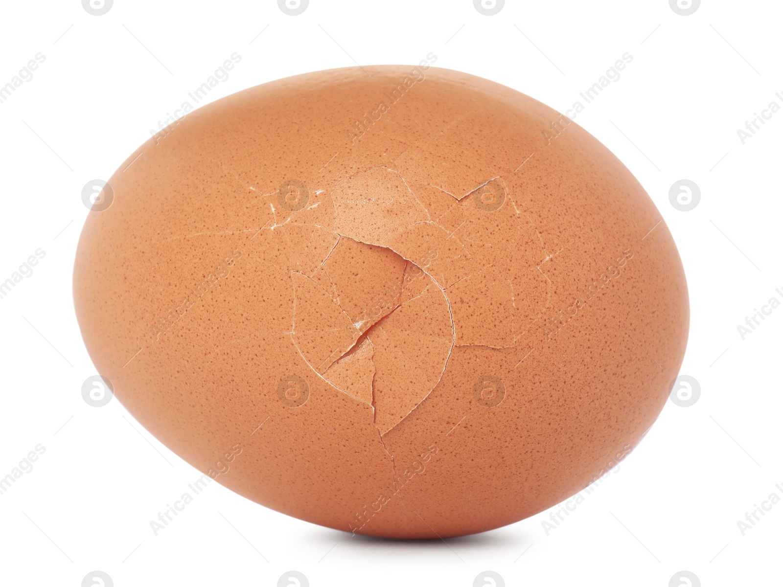 Photo of One egg with cracked shell isolated on white