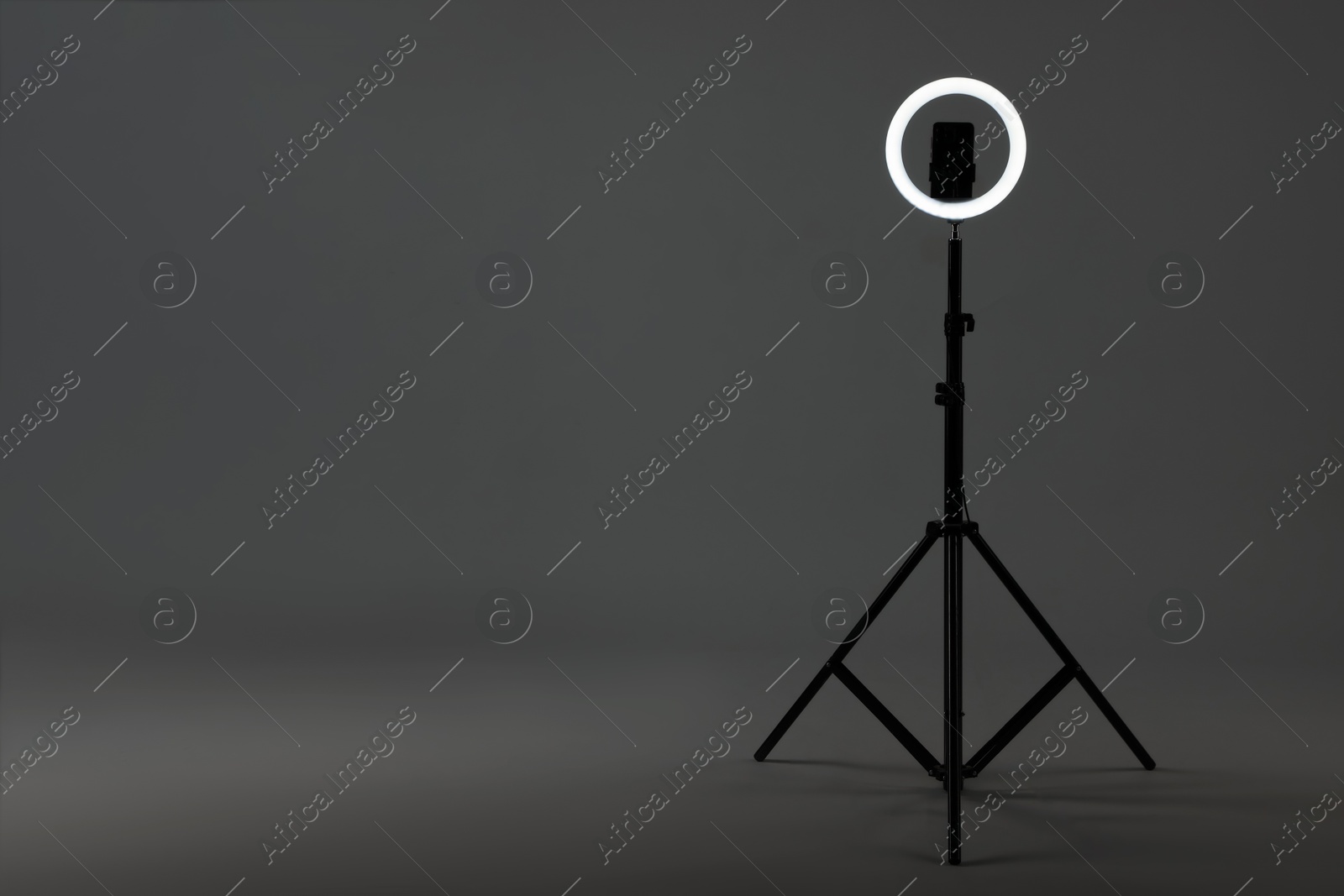 Photo of Ring lamp with smartphone on grey background, space for text