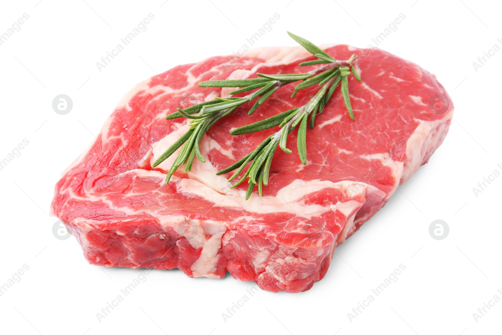 Photo of Piece of raw beef meat and rosemary isolated on white