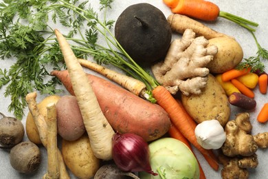 Photo of Different root vegetables on light grey table, flat lay