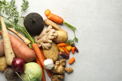 Photo of Different root vegetables on light grey table, flat lay. Space for text