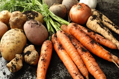 Photo of Different root vegetables and soil on grey table, closeup