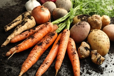 Photo of Different root vegetables and soil on grey table, closeup