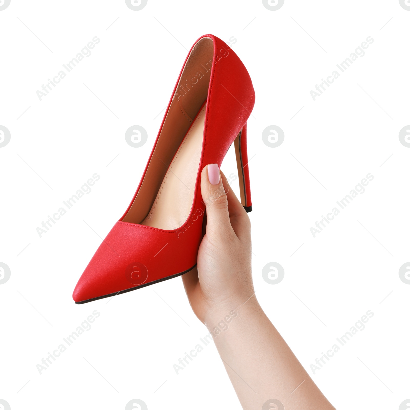 Photo of Woman with beautiful red shoe on white background, closeup