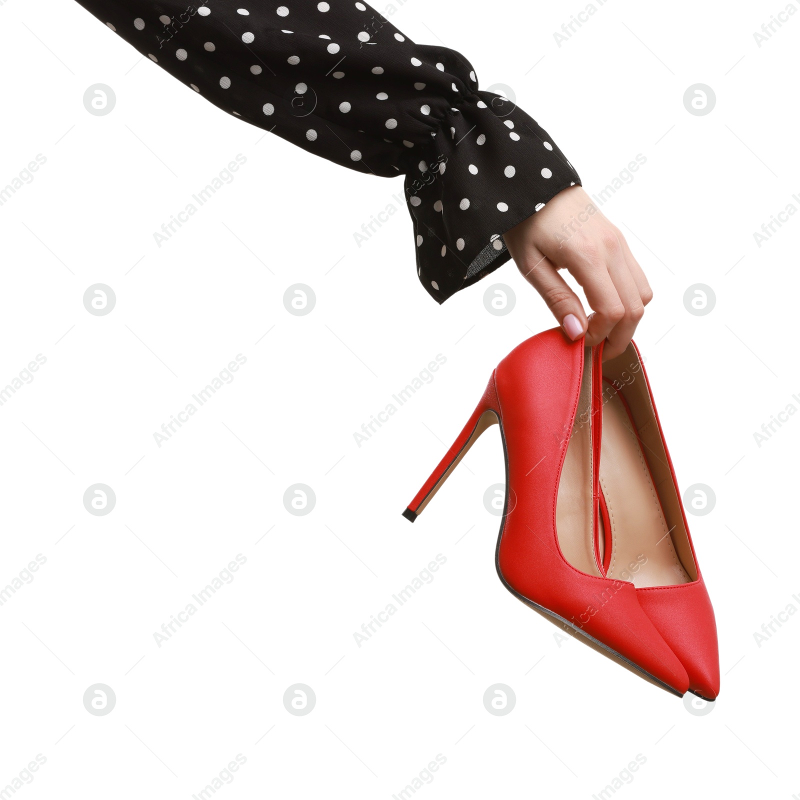 Photo of Woman with beautiful red shoes on white background, closeup