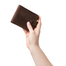 Photo of Woman with beautiful wallet on white background, closeup. Stylish accessory