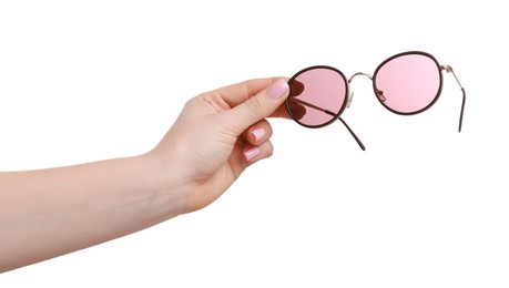 Photo of Woman with beautiful sunglasses on white background, closeup. Stylish accessory