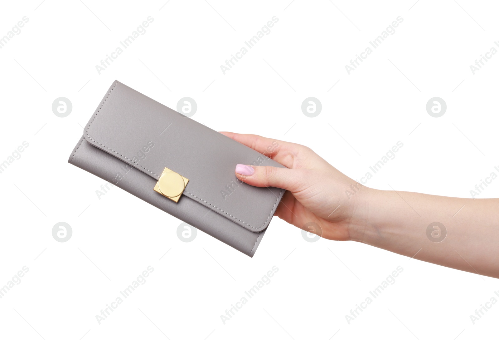 Photo of Woman with beautiful wallet on white background, closeup. Stylish accessory