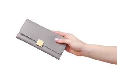 Woman with beautiful wallet on white background, closeup. Stylish accessory