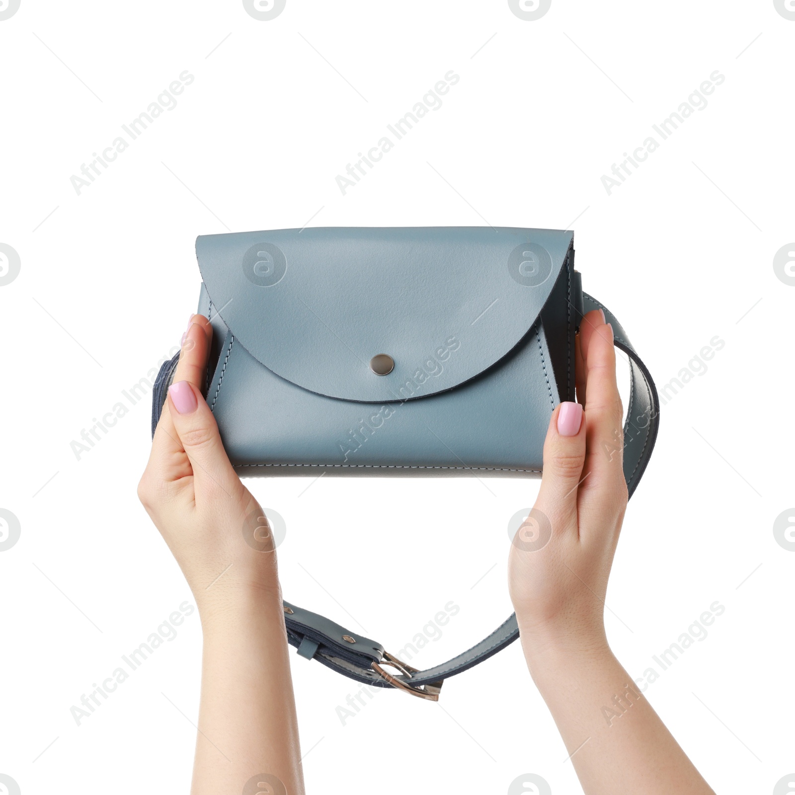 Photo of Woman with beautiful handbag on white background, closeup. Stylish accessory