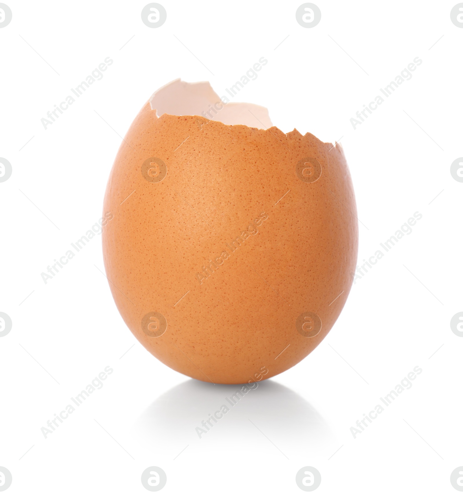 Photo of One piece of broken eggshell on mirror surface against white background