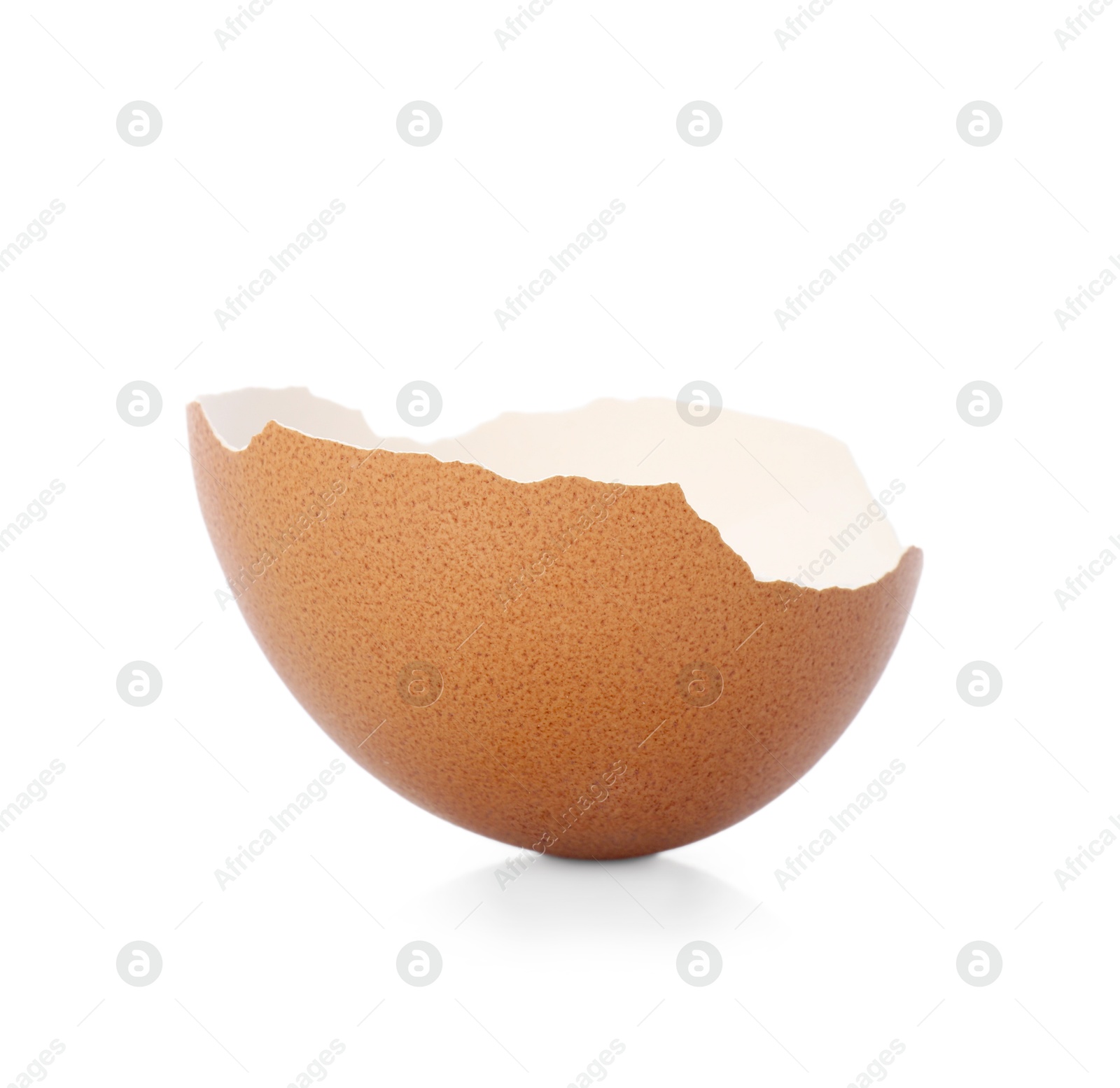 Photo of One piece of broken eggshell on mirror surface against white background