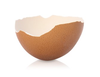 Photo of One piece of broken eggshell on mirror surface against white background